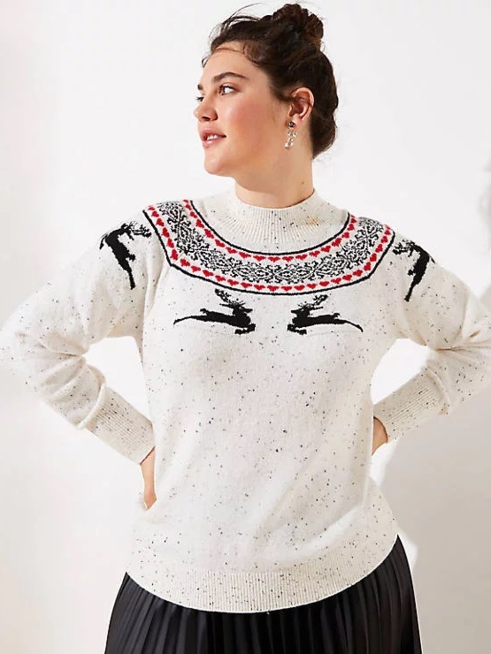 LOFT Cream Fair Isle Turtleneck Sweater with Reindeer and Hearts